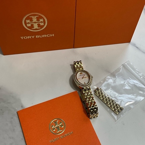 Tory Burch Jewelry - TORY BURCH Gold Link Mother Of PearlWatch with Orange Box Crystals Dressy